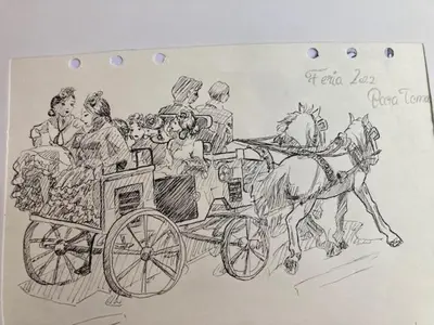 a drawing of a horse drawn carriage with people at Casa Singular , parking gratis in Jerez de la Frontera