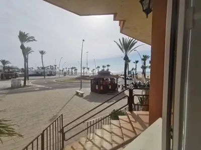 a view of a street with palm trees and a trolley at Apartamentos Sanlúcar Beach 2 y 3 in Sanlúcar de Barrameda