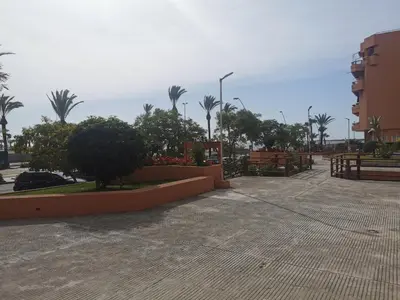 a parking lot with palm trees and a building at Apartamentos Sanlúcar Beach 4 y 5 in Sanlúcar de Barrameda