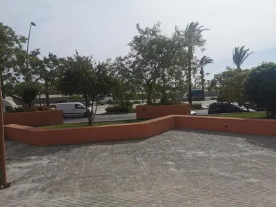 a view of a parking lot with trees and cars at Apartamentos Sanlúcar Beach 4 y 5 in Sanlúcar de Barrameda