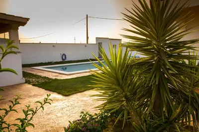 a backyard with a swimming pool and a palm tree at Vivienda Rural El chiclanero in Conil de la Frontera
