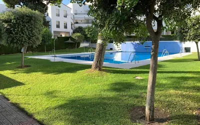 two trees in a park with a swimming pool at Apartamento Galeón - Ole Solutions in El Puerto de Santa María