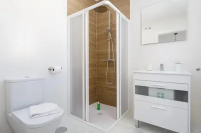 a white bathroom with a shower and a toilet at Apartamentos La BRUJULA by CadizRentals in Cádiz