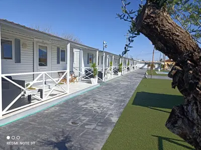 a row of white houses with grass next to it at Bungalows Buda Beach in Sanlúcar de Barrameda