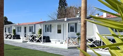 a white house with chairs and a palm tree at Bungalows Buda Beach in Sanlúcar de Barrameda