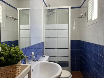 a blue and white bathroom with a toilet and a sink at El Sardinero in Chipiona
