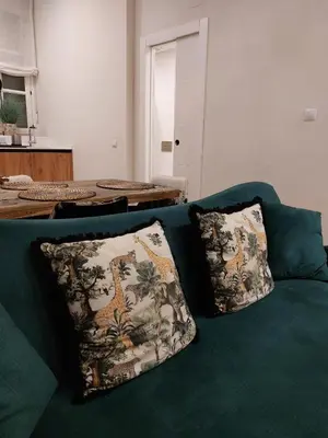 a green couch with two pillows on top of it at Hidden Gem Pasquin Suites in Mercado Central in Cádiz