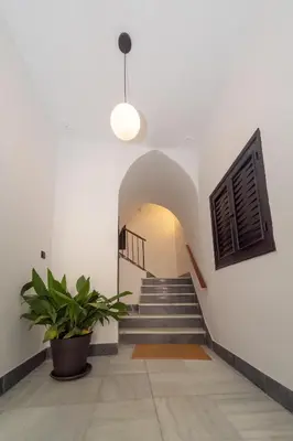 a hallway with stairs and a potted plant at Casa Miguel - Apartamento 6 in Sanlúcar de Barrameda