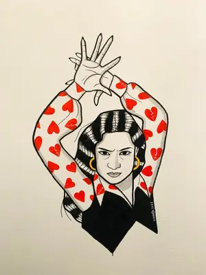 a drawing of a woman with hearts on a wall at Casa Miguel - Apartamento 6 in Sanlúcar de Barrameda