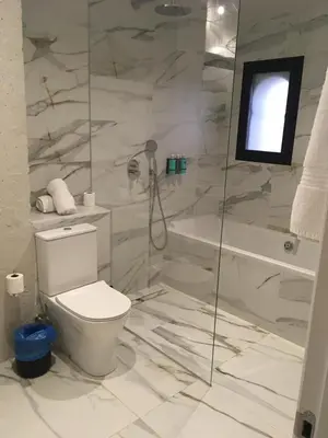 a white bathroom with a toilet and a shower at Hacienda Soto-Hego Haizea in Chiclana de la Frontera