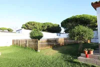 a fence in a yard with trees in the background at Chalet con piscina, amplio jardin y aire acondicionado in Chiclana de la Frontera