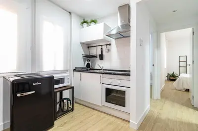 a kitchen with white cabinets and a black refrigerator at Allo Apartments Francos I Centro 2 Habitaciones in Jerez de la Frontera