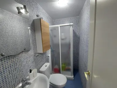 a bathroom with a shower and a toilet and a sink at Piso Bajo Guía in Sanlúcar de Barrameda