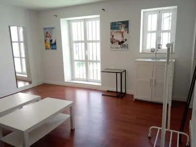 a living room with a white table and windows at CASA DEL ANTICUARIO APARTMENTS in Cádiz