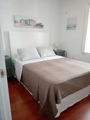 a bed in a white room with a bedspread at CASA DEL ANTICUARIO APARTMENTS in Cádiz