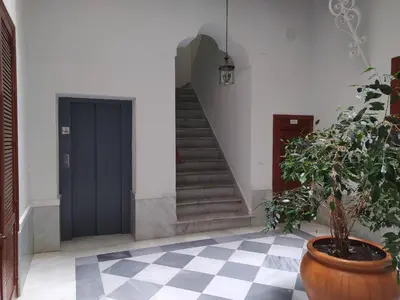 a hallway with a blue door and a potted plant at APARTAMENTOS MINA4 tipo I in Cádiz