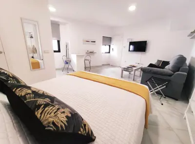 a bedroom with a bed and a living room with a couch at Loft Sherry in Jerez de la Frontera