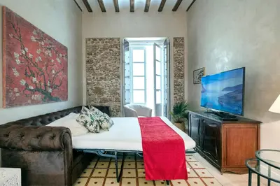 a bedroom with a large bed and a television at Gadir Suites in Cádiz