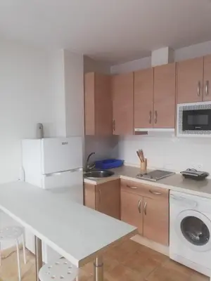 a kitchen with wooden cabinets and a white refrigerator at Apartamento Conil San Diego de Alcalá in Conil de la Frontera