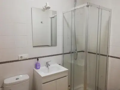 a bathroom with a shower and a sink and a toilet at Apartamento Conil San Diego de Alcalá in Conil de la Frontera