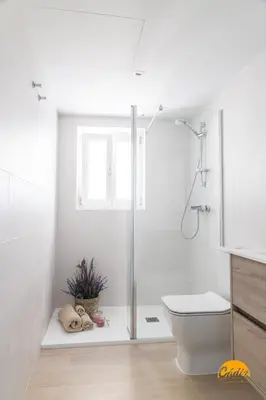 a white bathroom with a shower and a toilet at Villalobos by Cadiz Time in Cádiz