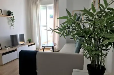 a living room with a couch and a potted plant at ÁTICO EN EL CENTRO, terraza 20 m2, garaje, Wi-Fi, AC in Sanlúcar de Barrameda