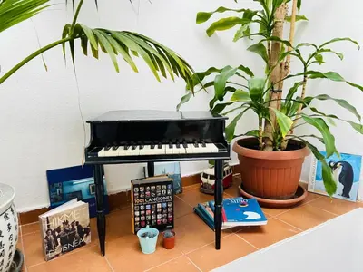 a table and chairs on a patio with plants at Ático Cádiz Suite in Cádiz