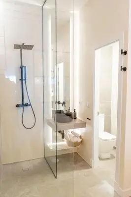 a bathroom with a shower with a sink and a toilet at Suites Alfonso X in Jerez de la Frontera
