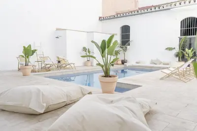 a pool with two beds and potted plants in a room at Suites Alfonso X in Jerez de la Frontera