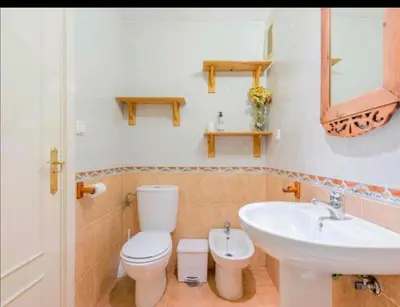 a bathroom with a white toilet and a sink at Apartamento Vista Hermosa en Punta Candor con piscina y Wifi in Rota