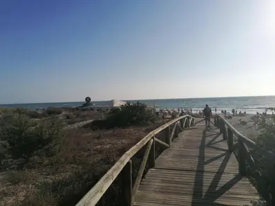 a person walking down a wooden boardwalk to the beach at Apartamento Vista Hermosa en Punta Candor con piscina y Wifi in Rota
