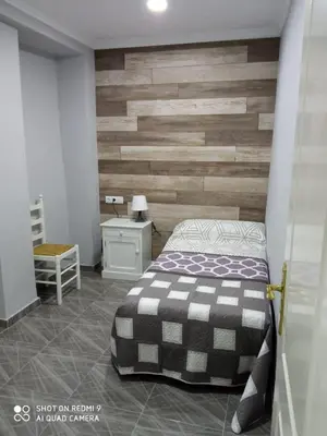 a bedroom with a bed and a wooden wall at Casa La Maravilla in Jerez de la Frontera