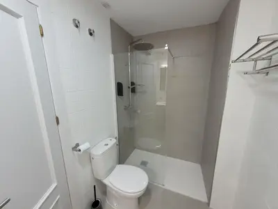 a white bathroom with a toilet and a shower at Jerez Centro Historico in Jerez de la Frontera