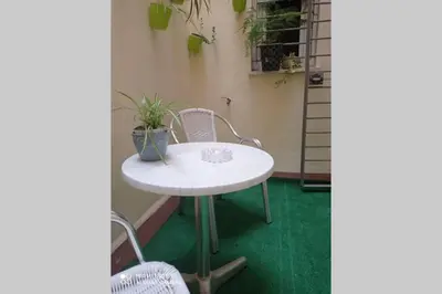 a white table and chairs with a plant on it at Apartamento cabañiles wifi in Jerez de la Frontera