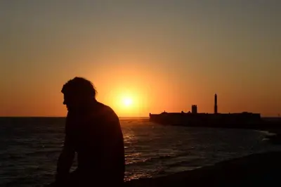 a person standing on the beach watching the sunset at Esencia de Cádiz Entre la Viña y el mercado in Cádiz