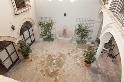 an indoor courtyard with a toilet and plants in a building at Patios de la Riva in Jerez de la Frontera