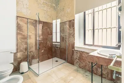 a bathroom with a shower and a toilet and a sink at Catedral Suites Jerez in Jerez de la Frontera