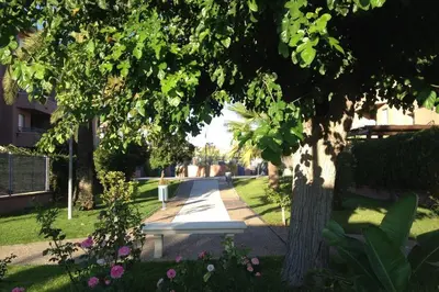 a tree in a yard with a sidewalk and flowers at Apartamento jardin Sanlucar in Sanlúcar de Barrameda