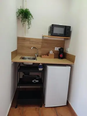 a kitchen with a counter with a sink and a microwave at Apartamento la Capillita in Sanlúcar de Barrameda