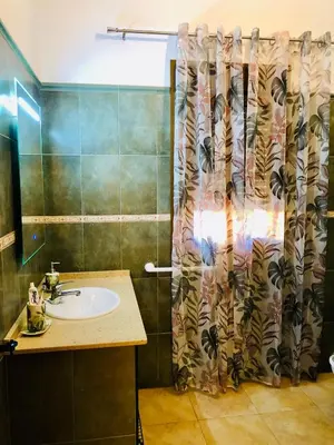 a bathroom with a sink and a shower curtain at Casa Con Encanto Solo Familia in Conil de la Frontera