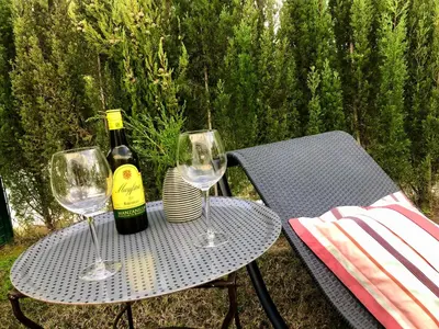 a table with two glasses and a bottle of wine at GATU PREMIUM Conil Sunset house con piscina, 3 dormit, 3 baños, jardín privado , wifi y parking, preferente mayores de 21 años y familias in Conil de la Frontera