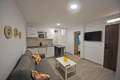 a living room with a couch and a kitchen at Apartamentos Casa Rosaleda in Jerez de la Frontera