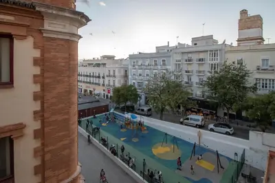 a view of a city street with a playground at Apartamento Nuestra Andalucia - Cadiz Centro - parking in Cádiz
