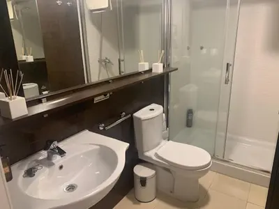 a bathroom with a toilet and a sink and a shower at Estudio Alameda in Cádiz