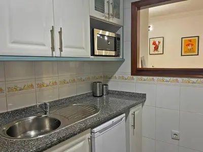 a kitchen with a sink and a microwave at Apartamento Armas - Ole Solutions in Jerez de la Frontera