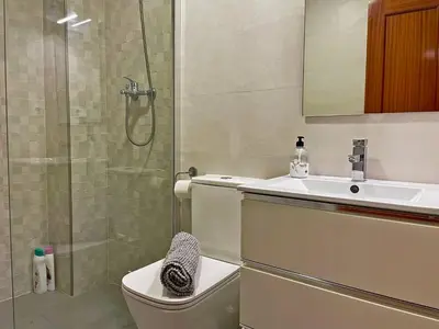 a bathroom with a shower and a toilet and a sink at Apartamento Armas - Ole Solutions in Jerez de la Frontera