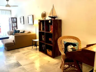a dog sitting in a chair in a living room at GATU PREMIUM Atico Sotavento playa, parking, terraza, piscinas, wifi y aire acc , 