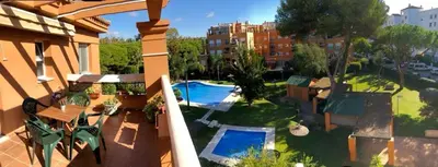an overhead view of a backyard with a swimming pool at GATU PREMIUM Atico Sotavento playa, parking, terraza, piscinas, wifi y aire acc , 