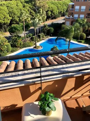 a plant on a table on a balcony with a swimming pool at GATU PREMIUM Atico Sotavento playa, parking, terraza, piscinas, wifi y aire acc , 
