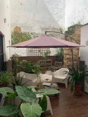 a patio with a purple umbrella and chairs and plants at Palma 2 sueños in Jerez de la Frontera